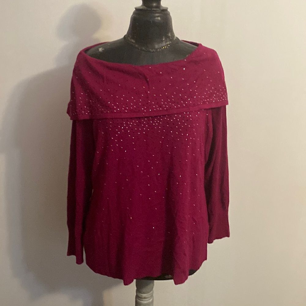Roz & Ali Cowl Neck Studded Cranberry Red sweater, size 2X